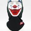 Mannequin head wearing a balaclava-style face mask with a colorful clown/joker print (white face, red lips, nose) and a black neck gaiter.