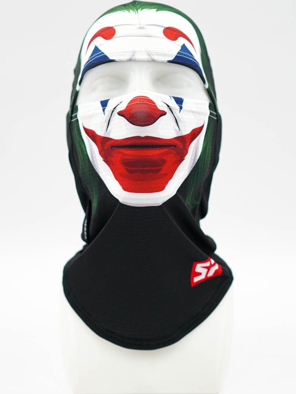 Mannequin head wearing a balaclava-style face mask with a colorful clown/joker print (white face, red lips, nose) and a black neck gaiter.