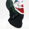 Black balaclava featuring a Joker-inspired white-face graphic with red lips, displayed on a head mannequin