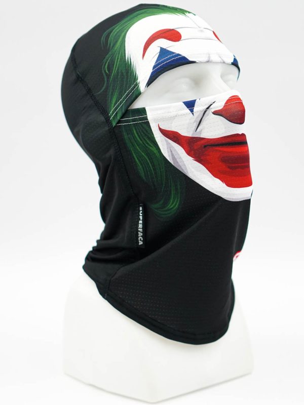 Black balaclava featuring a Joker-inspired white-face graphic with red lips, displayed on a head mannequin