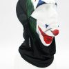 Black balaclava with a bold multicolored abstract print covering the head and neck area