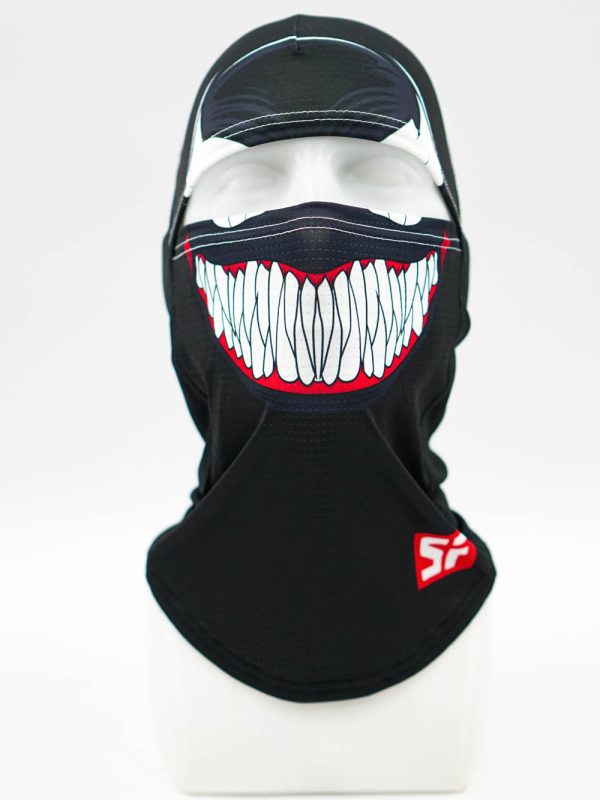 Black balaclava with a large graphic of white teeth across the mouth area and a red accent beneath the design.
