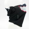 Black neck gaiter with a red-and-white toothy graphic on the side, displayed on a white head form for product photography.