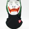 Balaclava with Joker-style mask print over a mannequin head, featuring green hood and black neck gaiter edge.