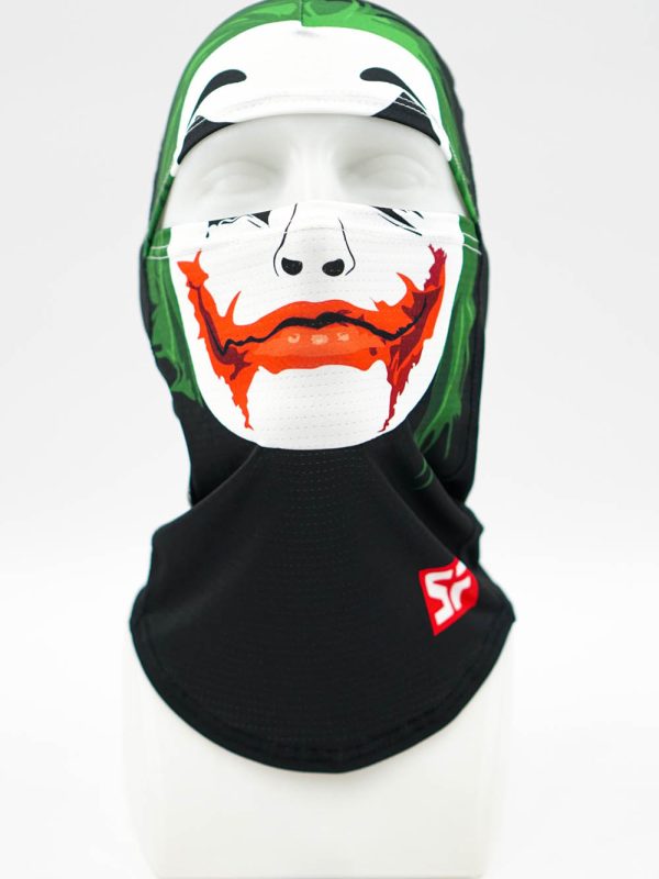 Balaclava with Joker-style mask print over a mannequin head, featuring green hood and black neck gaiter edge.