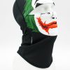 Black balaclava/neck gaiter on a mannequin head with a colorful graphic mask featuring green hair and a red mouth design on white.