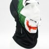 Black balaclava with a green abstract pattern and white/red graphic panels, shown on a white mannequin head.