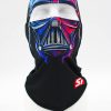 Colorful Darth Vader-inspired face mask/balaclava displayed on a white mannequin head, with a black neck gaiter showing a red logo on the side
