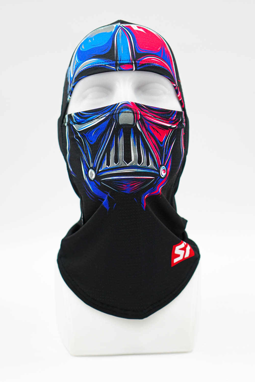 Colorful Darth Vader-inspired face mask/balaclava displayed on a white mannequin head, with a black neck gaiter showing a red logo on the side