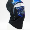 Black balaclava with blue and silver abstract design on a white mannequin head