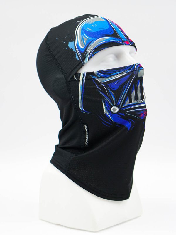 Black balaclava with blue and silver abstract design on a white mannequin head