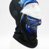 Black balaclava with blue and silver abstract graphics displayed on a white mannequin head