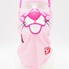 Pink cloth face mask with a cartoon pink bunny face (nose and whiskers) printed on the front, on a light pink background.