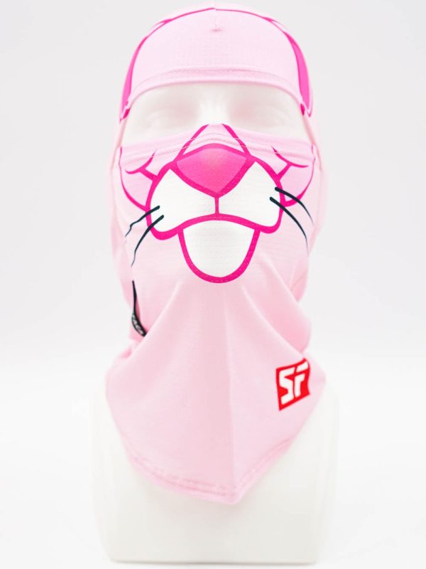 Pink cloth face mask with a cartoon pink bunny face (nose and whiskers) printed on the front, on a light pink background.