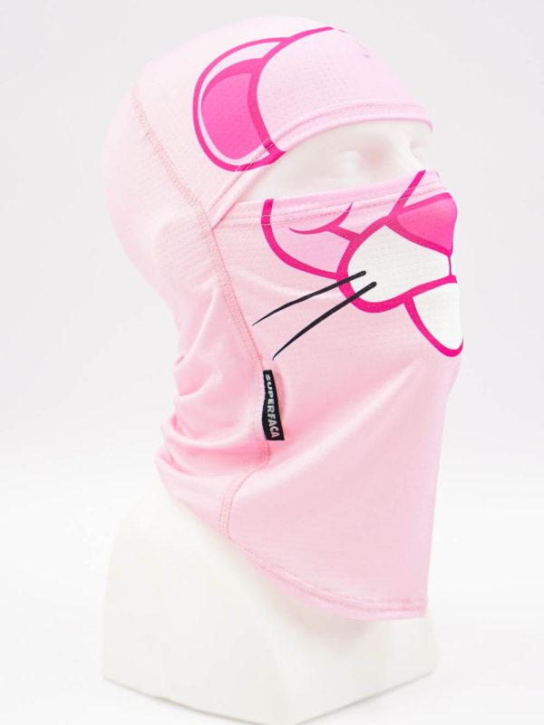 Pink balaclava-style face mask featuring a large cartoon cat face with pink and magenta lines and black whiskers.