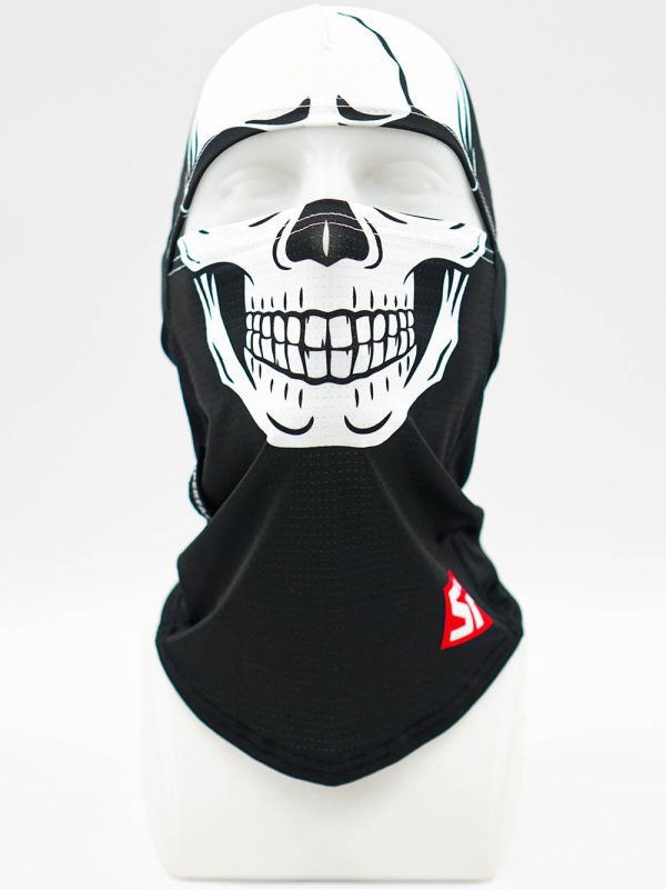 Mannequin head wearing a black balaclava with a white skull graphic covering the lower face.