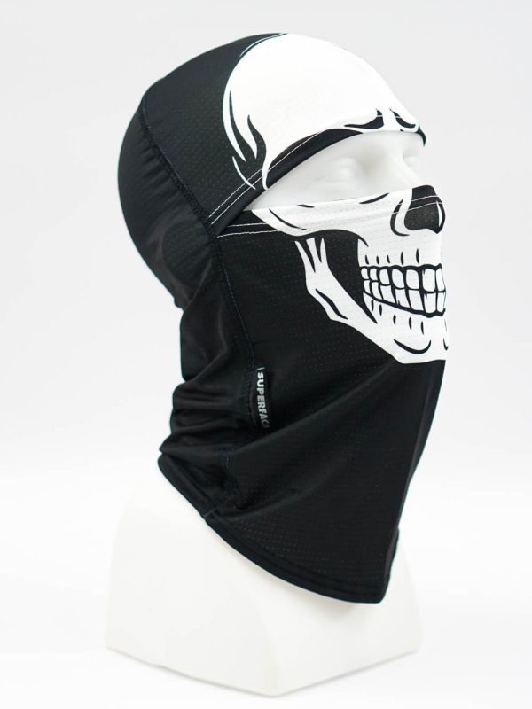 Black balaclava with a white skull graphic worn on a mannequin head