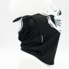 Black fabric neck gaiter with a white skull graphic draped around a white mannequin head, side view showing tag.